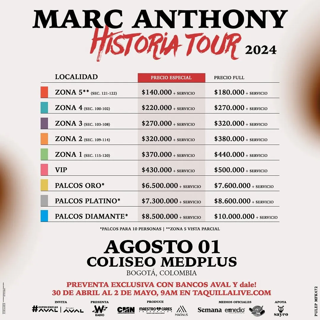 Marc Anthony - Coliseo Medplus - Precios